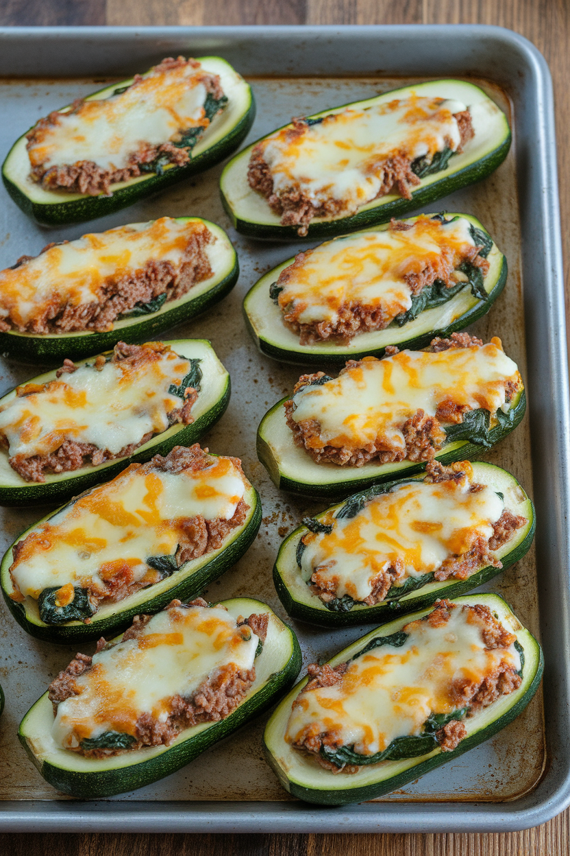 Indoor baking tray featuring zucchini halves filled with beef and spinach, cheese lightly melted on top—no text or logos.