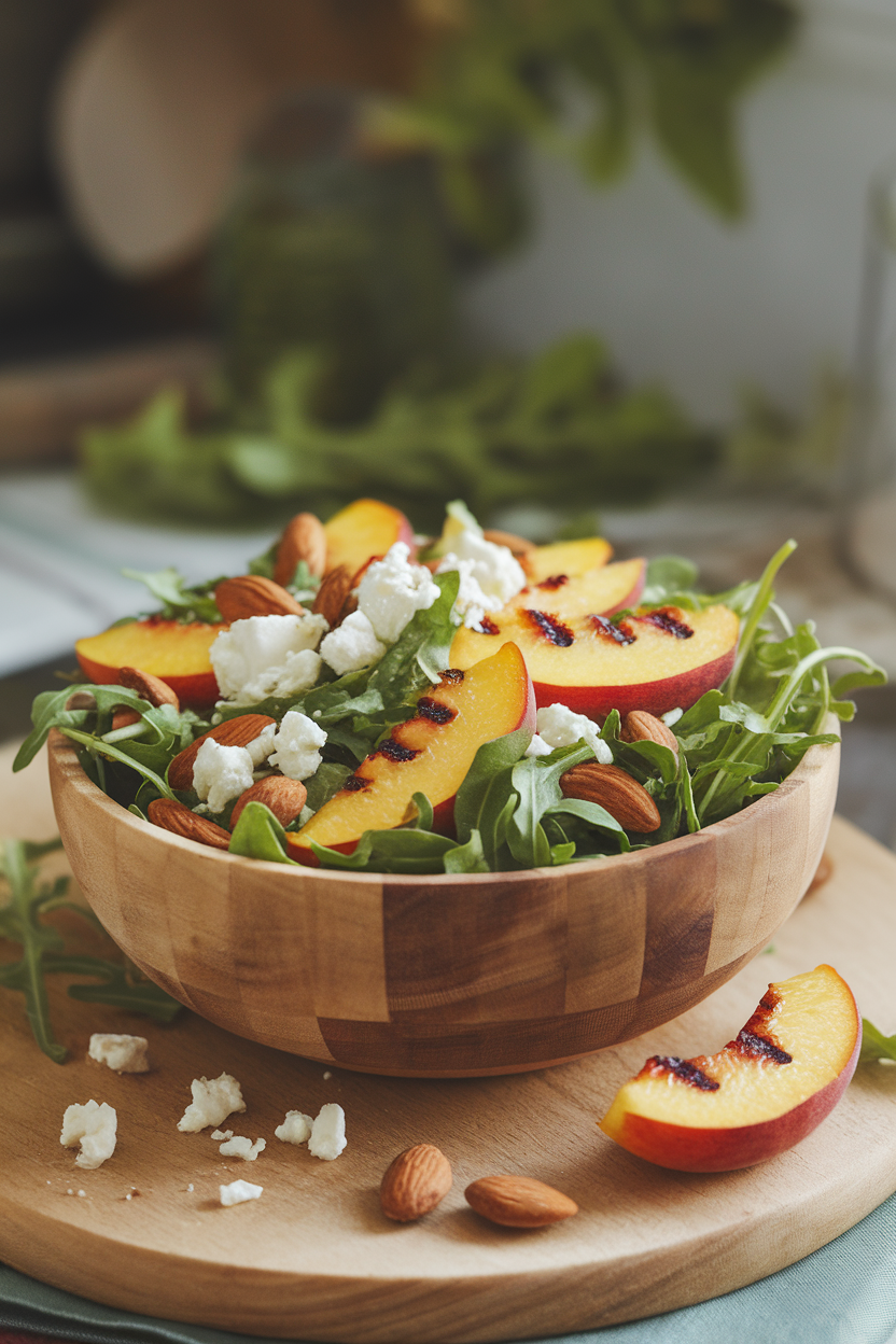 Indoor photo of a salad bowl with grilled peach wedges, peppery arugula, toasted almonds, and goat cheese crumbles; no text or logos.