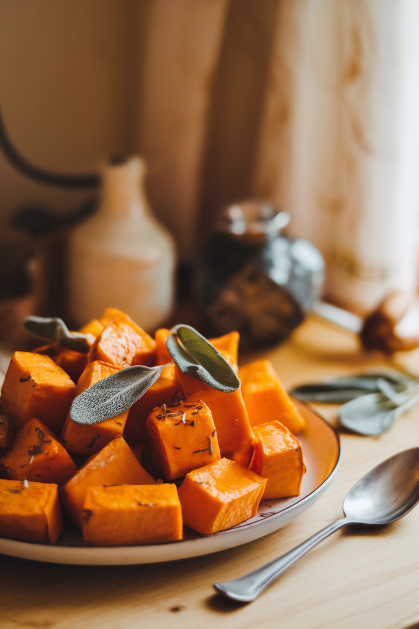 Warm indoor platter of roasted butternut squash cubes garnished with crisp sage leaves. No text or logos in scene.