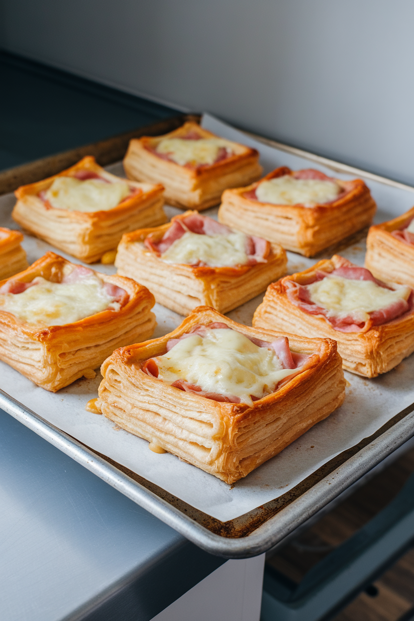 Baking sheet inside a kitchen holding golden puff pastry squares filled with ham and melted Swiss cheese, flaky layers clearly visible. No brand names or text.