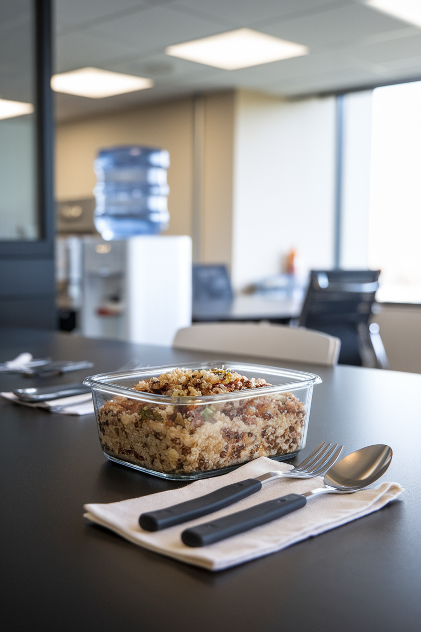Photo prompt: An indoor office break room table with a glass meal-prep container filled with quinoa salad, utensils resting on a cloth napkin, no logos visible.