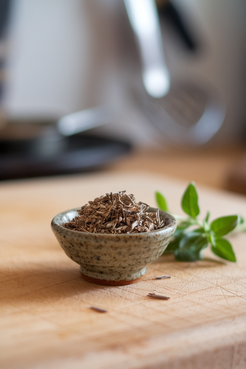 A small ceramic pinch bowl filled with dried oregano leaves on an indoor cutting board next to a few fresh sprigs for contrast, no text or logos, photo.