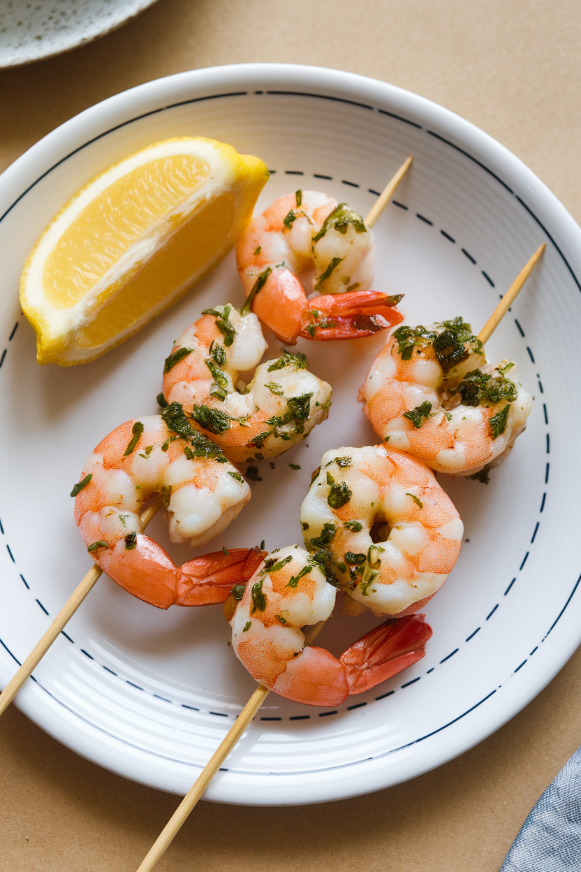 An indoor plate with two short skewers of cooked shrimp glazed in citrus herbs, lemon wedge on side. No text or logos.
