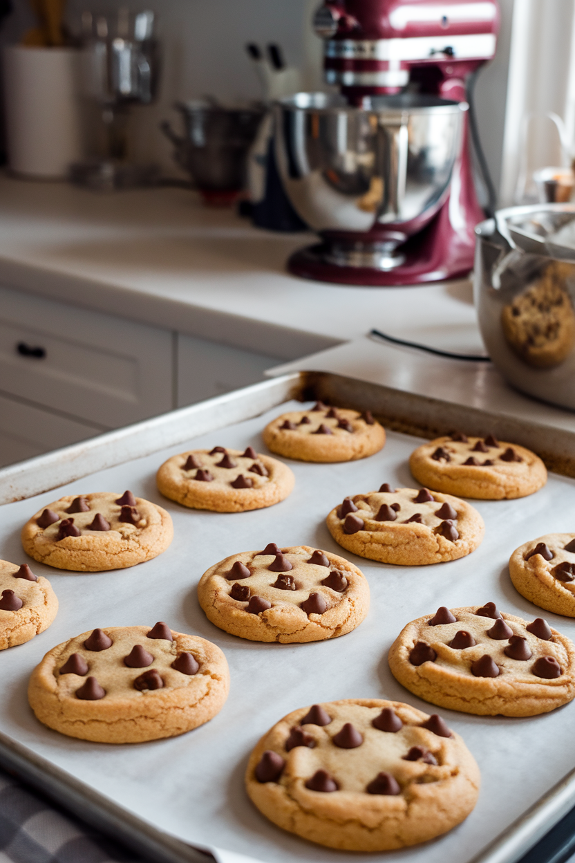 Photo prompt: Classic chocolate-chip cookies made with einkorn flour on a baking sheet inside a kitchen, no text or logos.