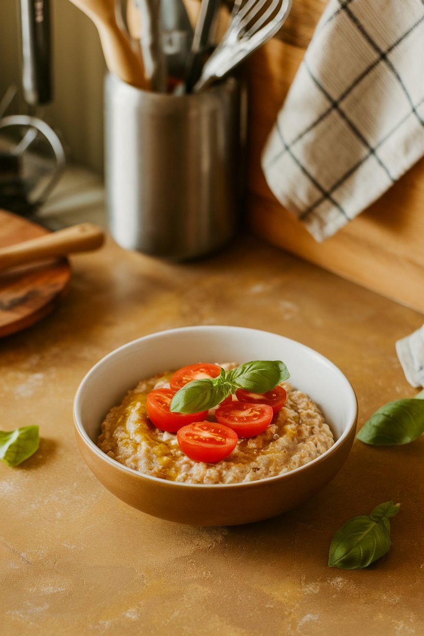 Indoor Mediterranean-style countertop with a bowl of savory oatmeal topped with cherry tomato halves, basil, and olive oil drizzle. No text or logos. Photo.