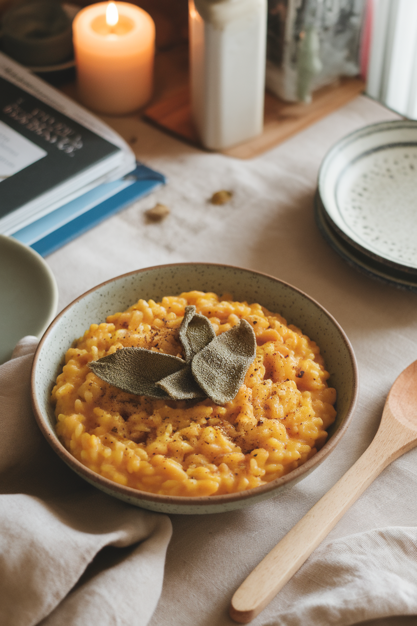 A cozy indoor tabletop featuring a shallow bowl of creamy pumpkin risotto with fried sage leaves and cracked black pepper on top. This should be a photo, not an illustration. No text or logos anywhere in the scene.