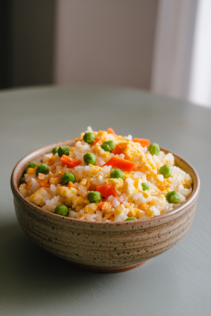 A ceramic bowl on an indoor table filled with cooked cauliflower rice dotted with peas, carrots, and scrambled egg bits, photographed from a slight angle. No text or logos.