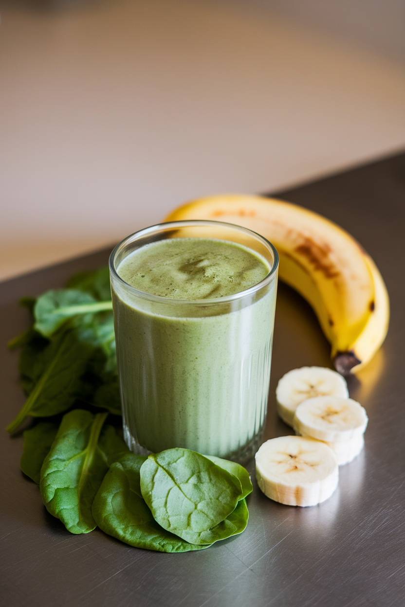 Indoor photo of a green smoothie in a clear glass on a counter, with spinach leaves and banana slices beside it; no text or logos.