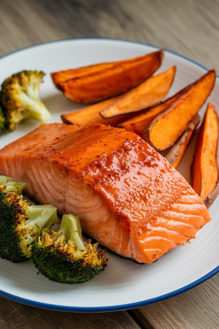 Indoor photo of maple-mustard glazed salmon, roasted sweet potato wedges, and garlic broccoli florets on a plate. No text or logos.