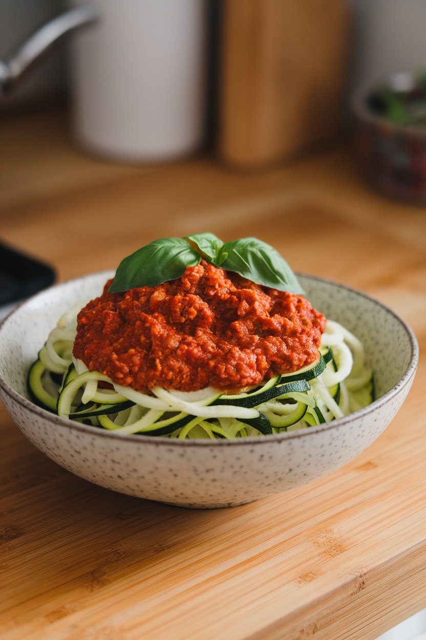 Indoor countertop scene showing a bowl of spiralized zucchini topped with hearty beef Bolognese sauce, basil leaves on top—no text or logos.