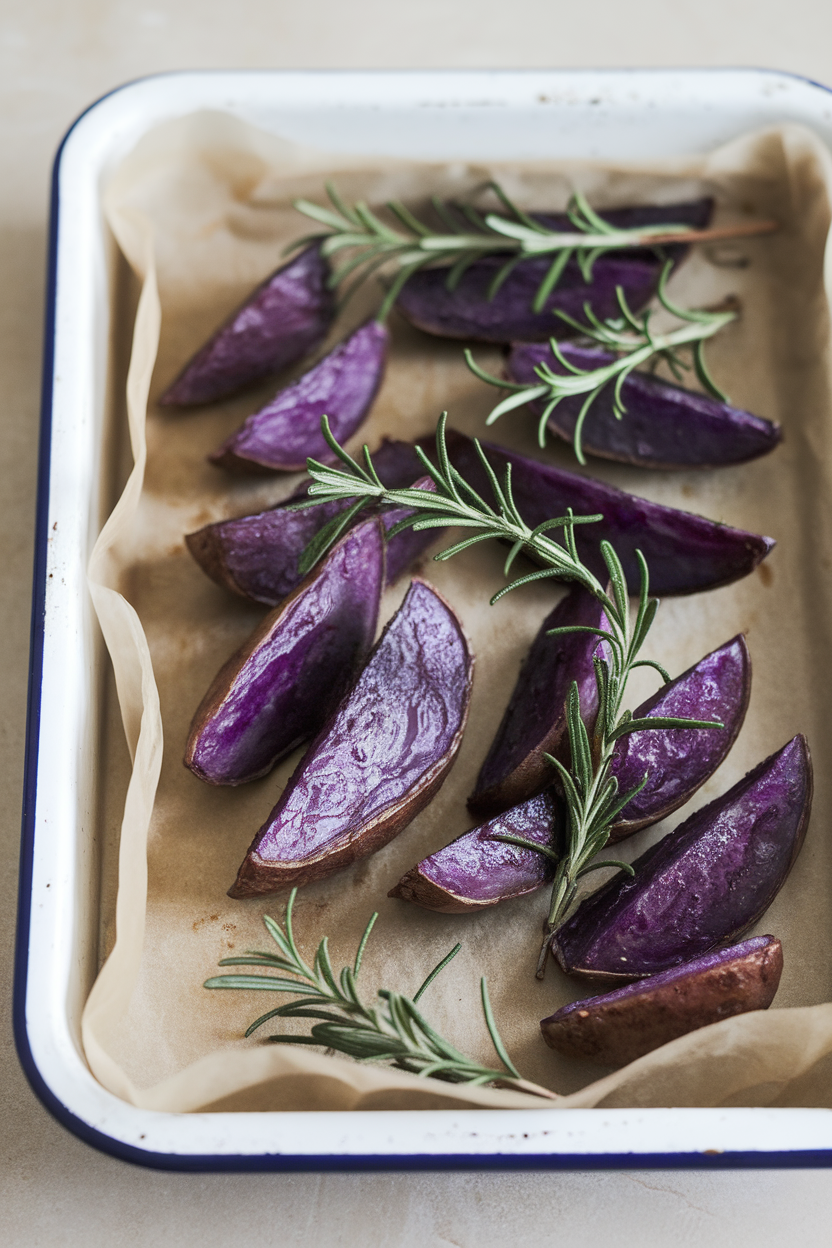 Indoor enamel tray lined with parchment, holding roasted purple potato wedges garnished with rosemary. No logos present.