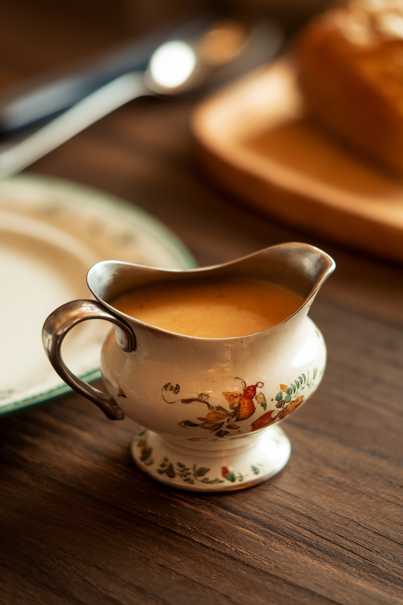 Photo of small gravy boat filled with apple cider gravy on a wooden table, indoor light, no text or logos.