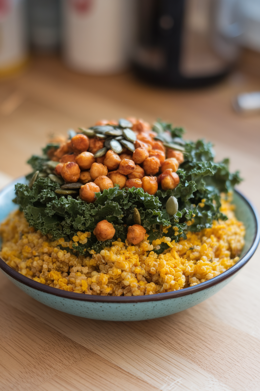 Photo of an indoor countertop featuring yellow turmeric quinoa on kale leaves, topped with roasted chickpeas and pumpkin seeds. No text or logos.