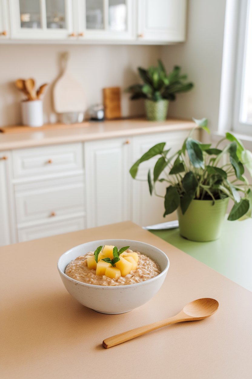 Indoor bright kitchen with oatmeal garnished with honeydew cubes and tiny mint leaves. No text or logos. Photo.