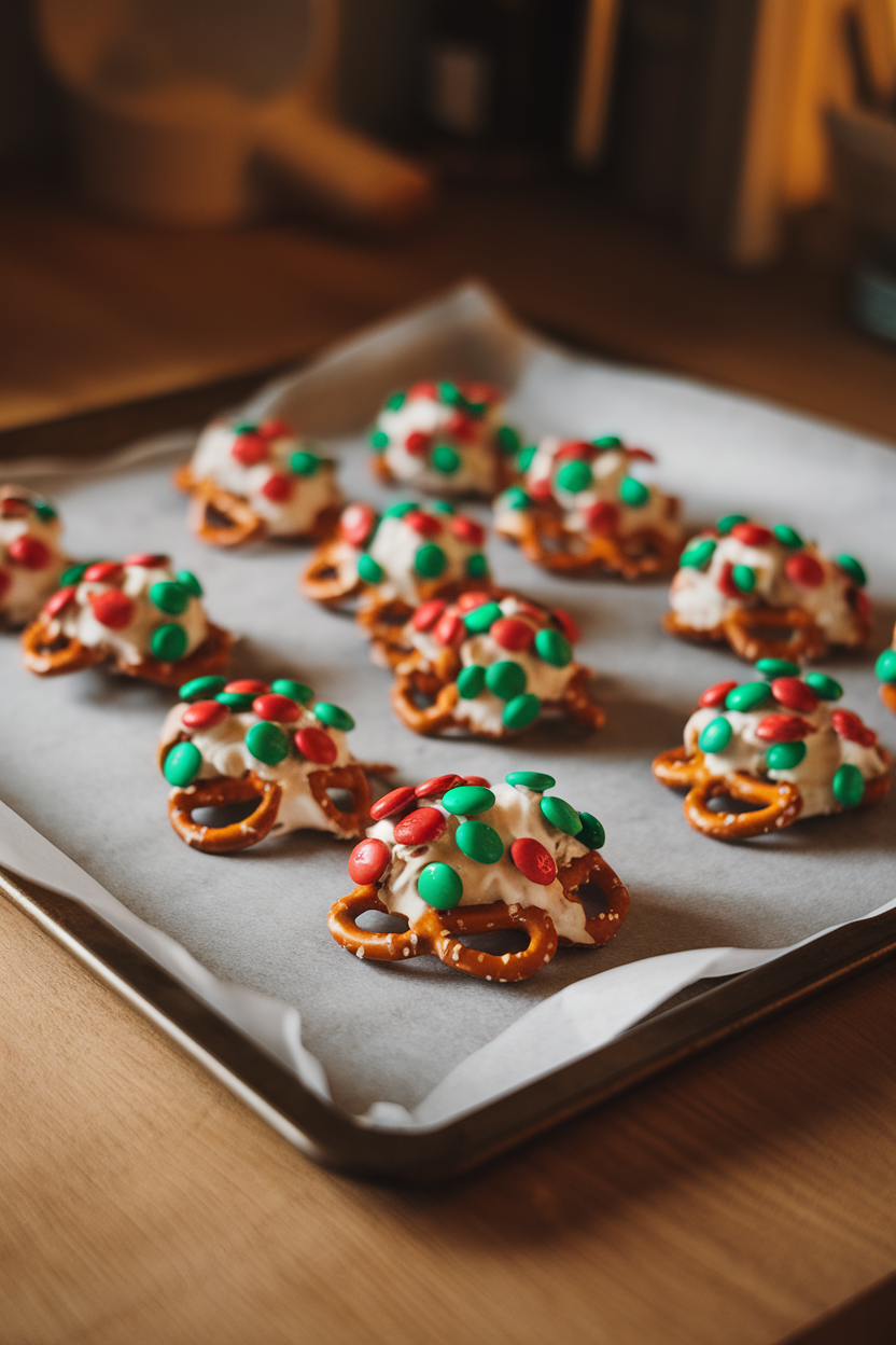 A baking sheet lined with parchment holding mounded clusters of white chocolate-coated pretzels and red-green M&Ms. Indoor lighting, no text or logos.</Prompt