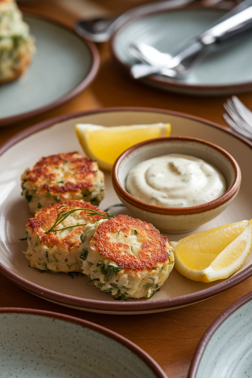 An indoor ceramic plate showcasing seared mini crab cakes with a small bowl of remoulade sauce, lemon wedges nearby, no text or logos.