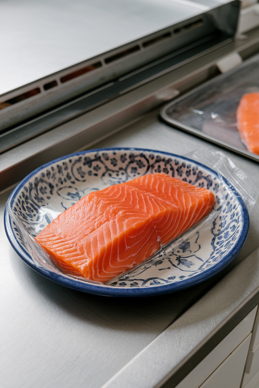 An indoor fishmonger’s counter at home showing packaged wild-caught salmon fillet on a ceramic plate, ready to be seasoned. No logos or text. Photo.