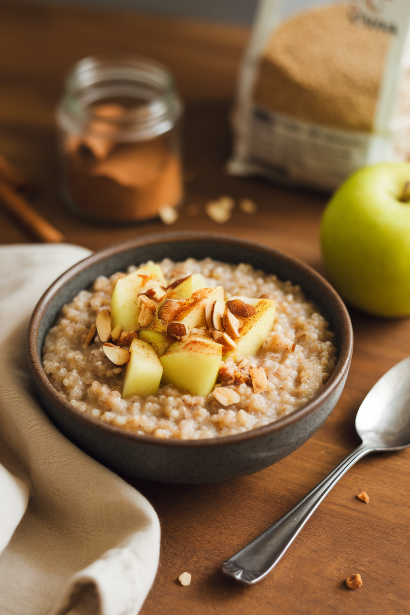 An indoor table with a bowl of warm quinoa porridge topped with diced apples, cinnamon, and chopped almonds. No text or logos.