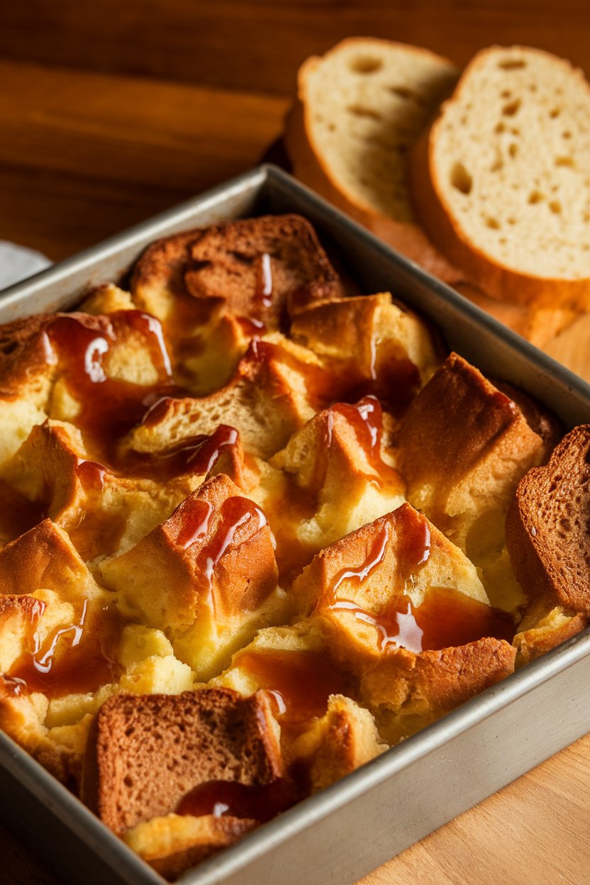 An indoor square pan of bread pudding drizzled with rum sauce, photo, no text or logos.
