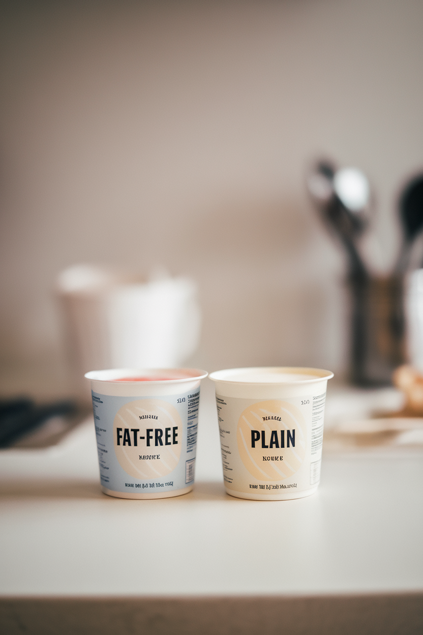 Two yogurt cups on a counter: one labeled fat-free, one plain, label details blurred to avoid text; no logos visible; photo