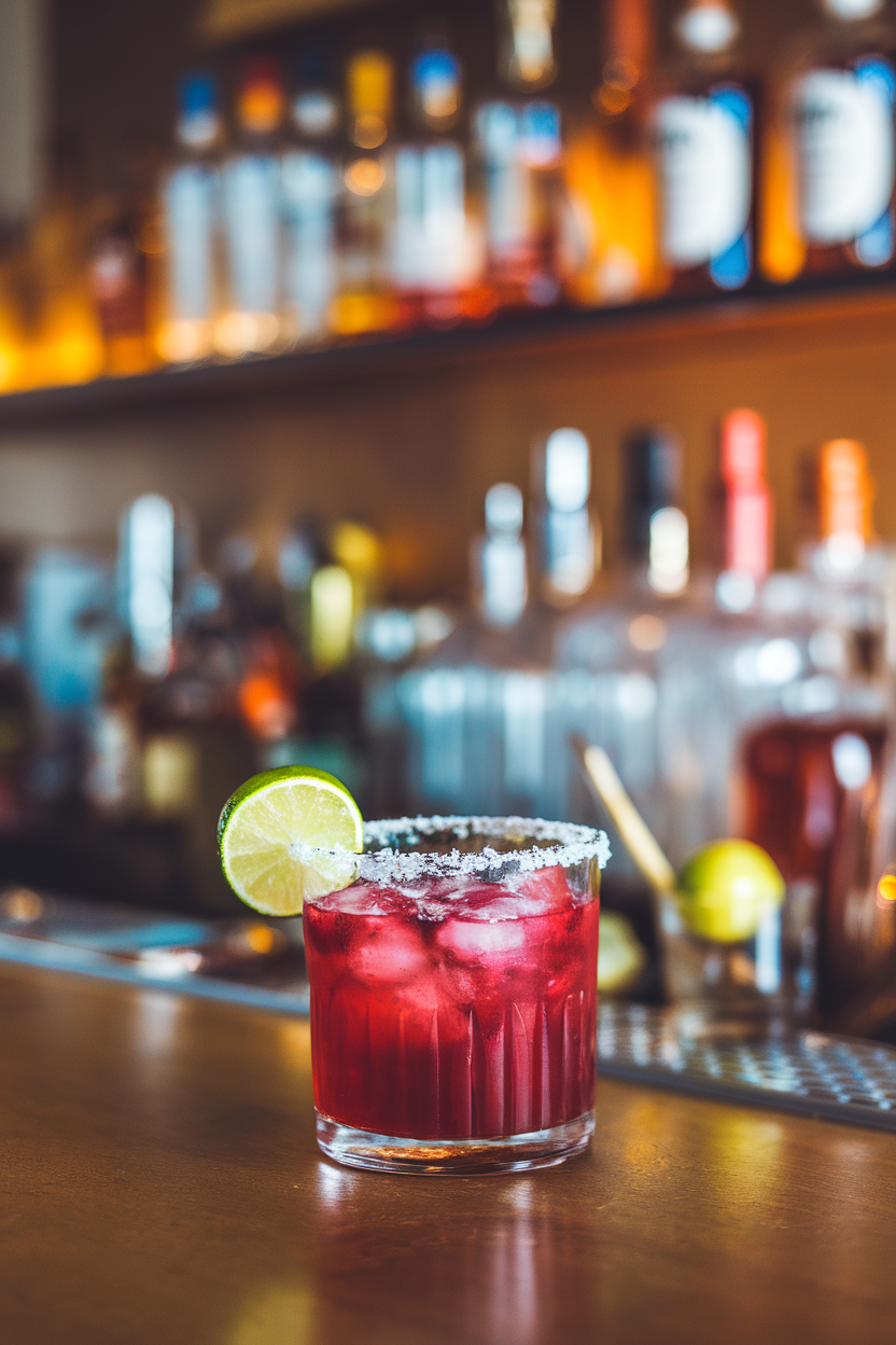 Indoor bar counter showing a rocks glass rimmed with coarse salt and filled with deep-red cranberry margarita over ice, lime wedge perched on the rim. Photo, no text or logos.