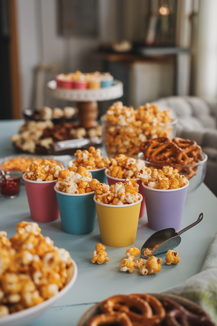 An indoor party table with colorful paper cups filled with homemade caramel corn, a small scoop beside the bowl of extra popcorn. Photo, no text or logos.