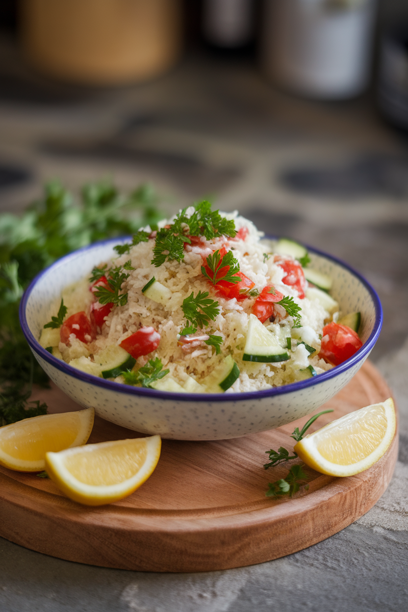 Indoor serving bowl containing finely riced cauliflower mixed with parsley, tomatoes, cucumber, and lemon dressing. No text or logos. Photo, not illustration.