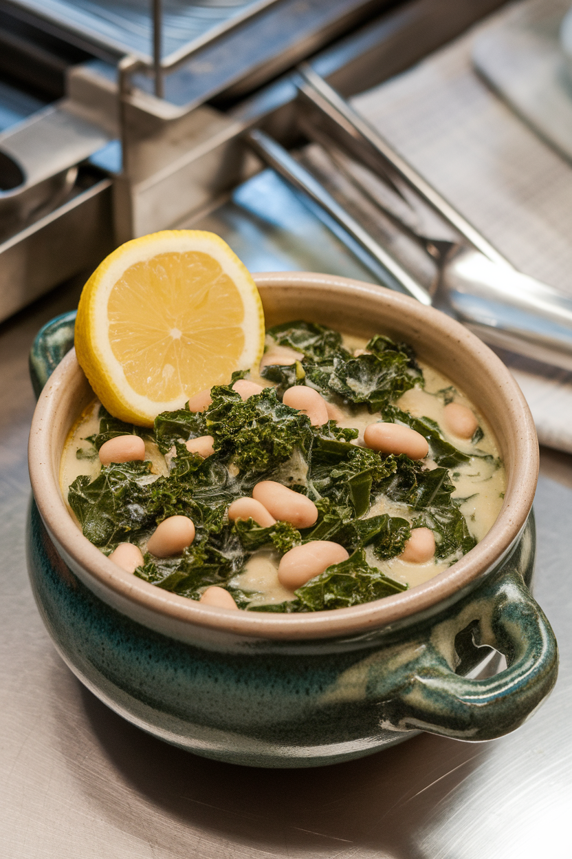 Indoor soup station with a ceramic bowl of green kale and creamy white bean soup, slice of lemon resting on rim. No text or logos; photo only.