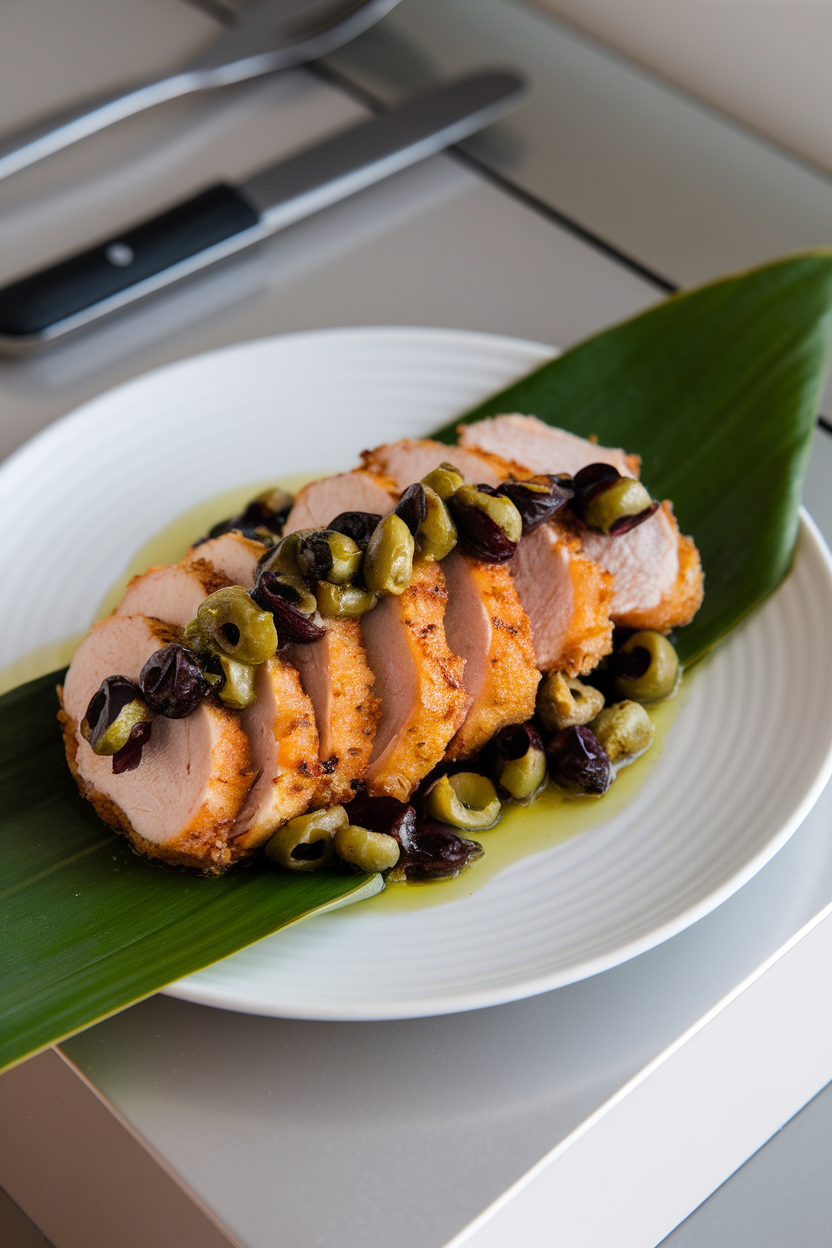 Indoor dish with sliced air-fried chicken breast topped with black and green olive tapenade, photographed at 45-degree angle. No text or logos.