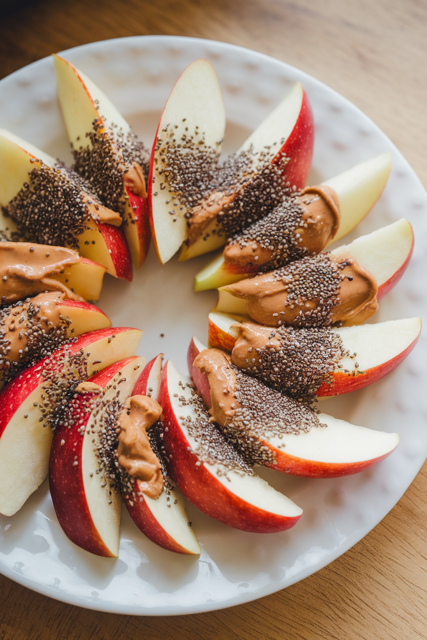 Photo of an indoor snack plate featuring crisp apple wedges coated with peanut butter and dotted with chia seeds, no visible logos.