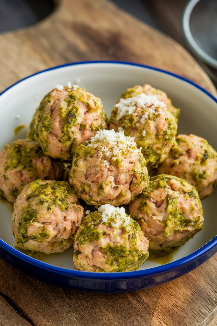 An indoor serving dish containing baked chicken meatballs coated in vibrant basil pesto, garnished with grated Parmesan. No text or logos. Photo only.