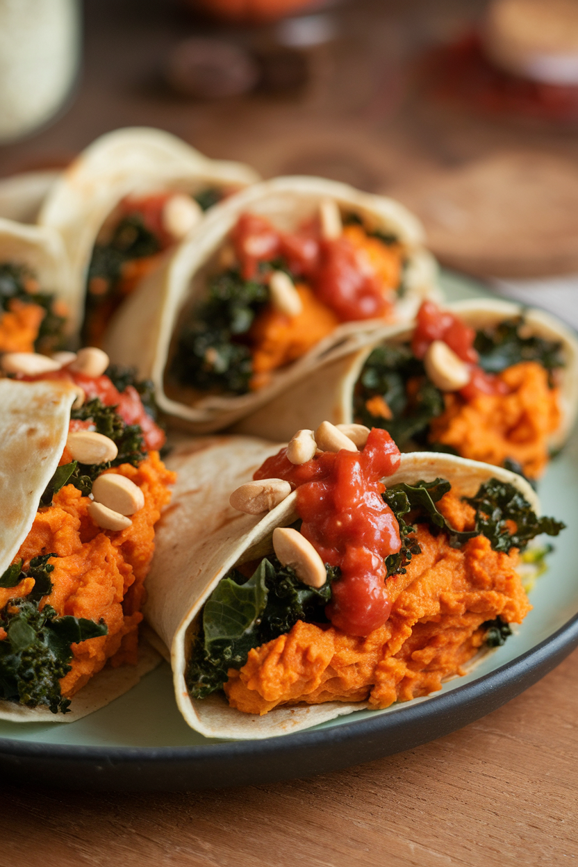 Indoor image of tortillas holding peanut-spiced mashed sweet potato and kale, topped with tomato-peanut drizzle, no logos.