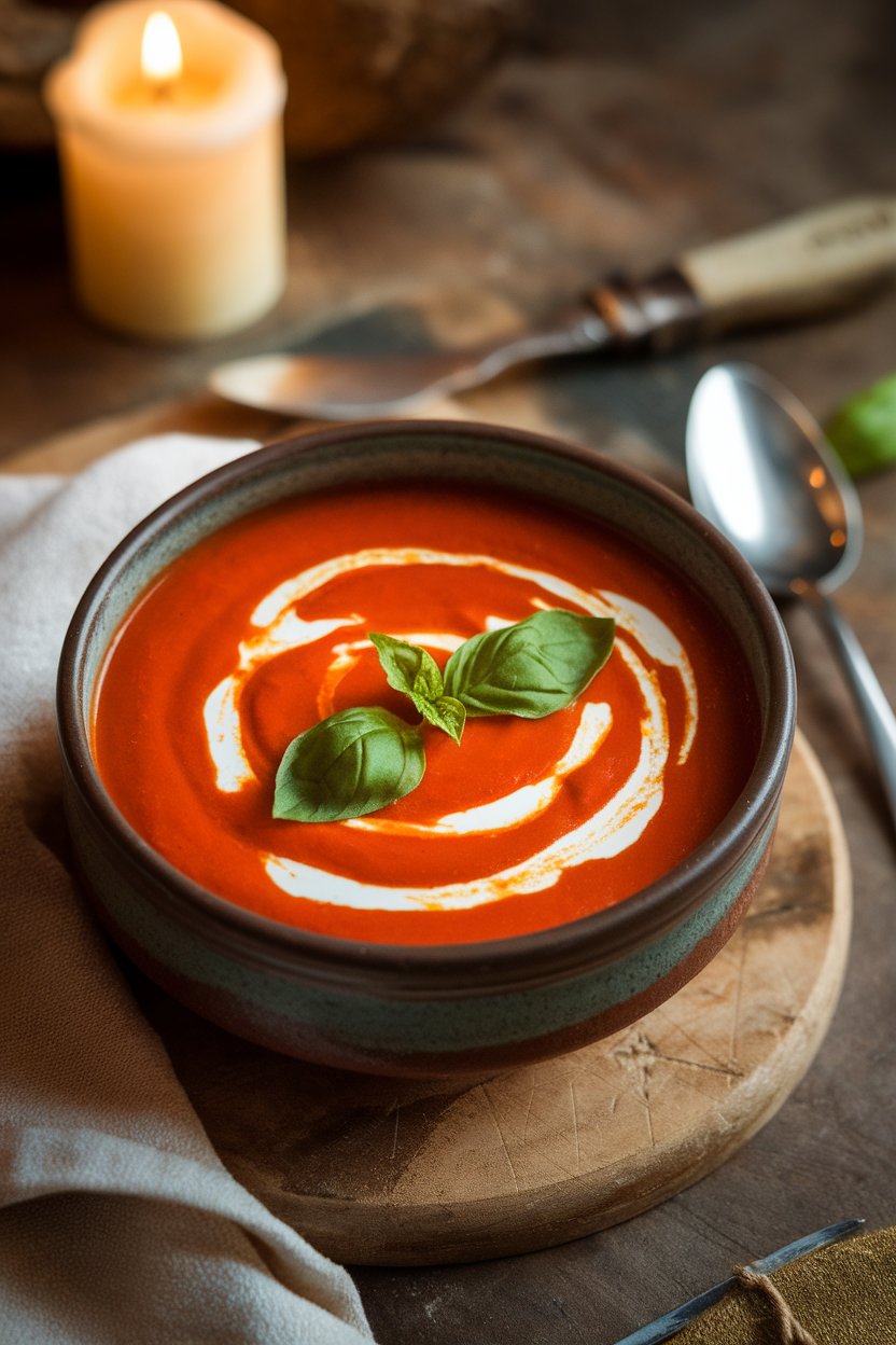 Indoor bowl of smooth tomato soup swirled with coconut cream and fresh basil leaves; warm table setting, no text or logos.