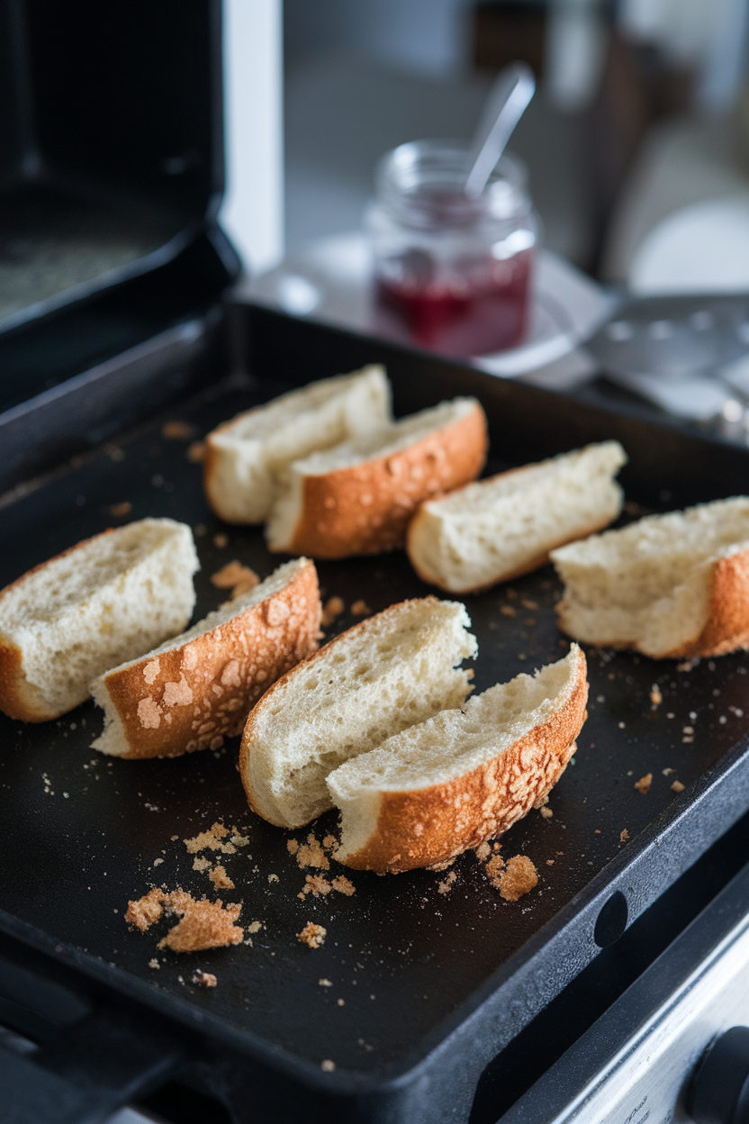 An indoor griddle scene with split English muffins toasting, crumbs crisping, a jar of jam in background. No text or logos. Photo only.