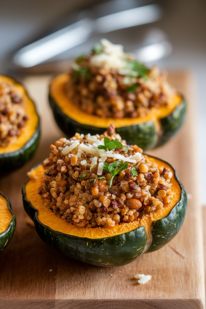 Photo of roasted acorn squash halves stuffed with lentil and quinoa filling, shot indoors, no text or logos