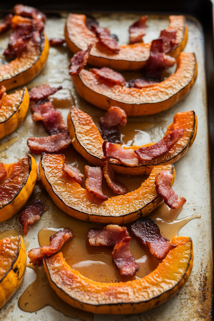 Indoor photo of delicata squash half-moons roasted with crispy bacon pieces and maple glaze on a sheet pan. No text or logos.