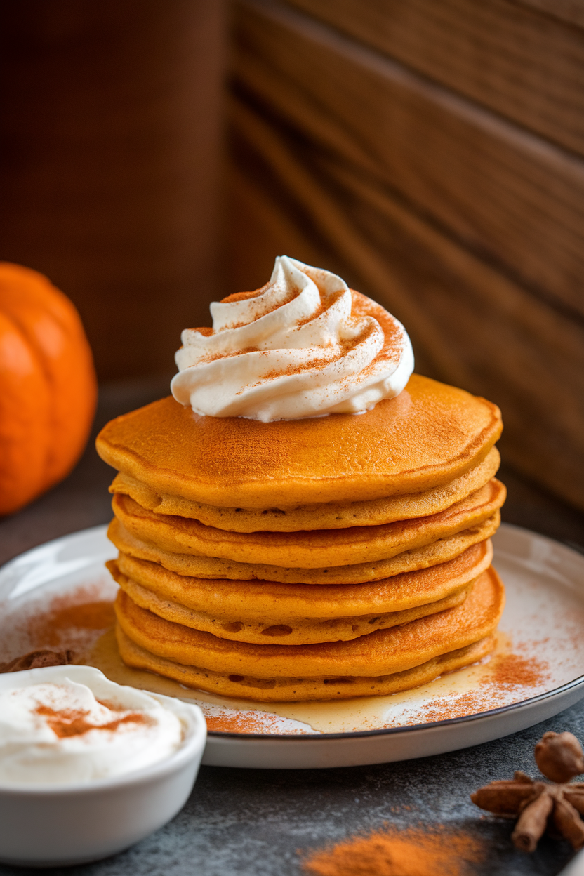 Indoor photo of pumpkin-orange pancakes with a swirl of mascarpone cream on top, garnished with pumpkin pie spice; no text or logos.