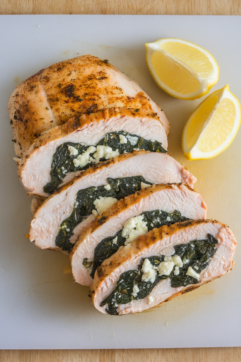 An indoor cutting board with sliced chicken breast revealing spinach and feta filling, lemon wedges beside. Photo, no text or logos.