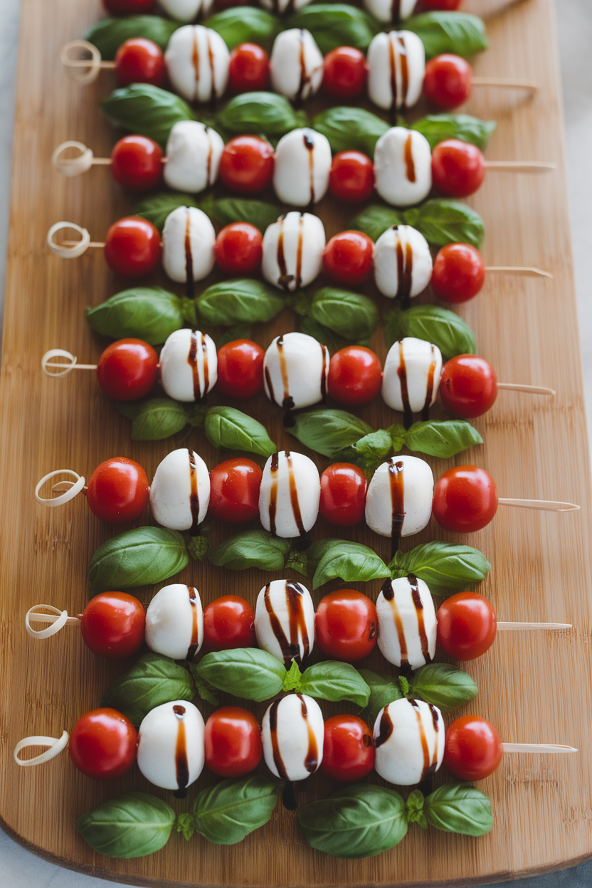 Photo of an indoor serving tray lined with rows of cherry tomato, basil leaf, and mozzarella pearls on short bamboo skewers, drizzled with balsamic glaze; no text or logos anywhere.