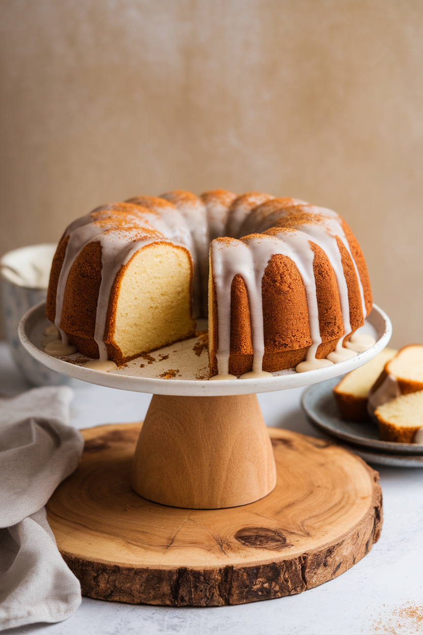 Bundt-style pound cake sliced on an indoor cake stand, eggnog glaze dripping down, nutmeg sprinkled. No text or logos.