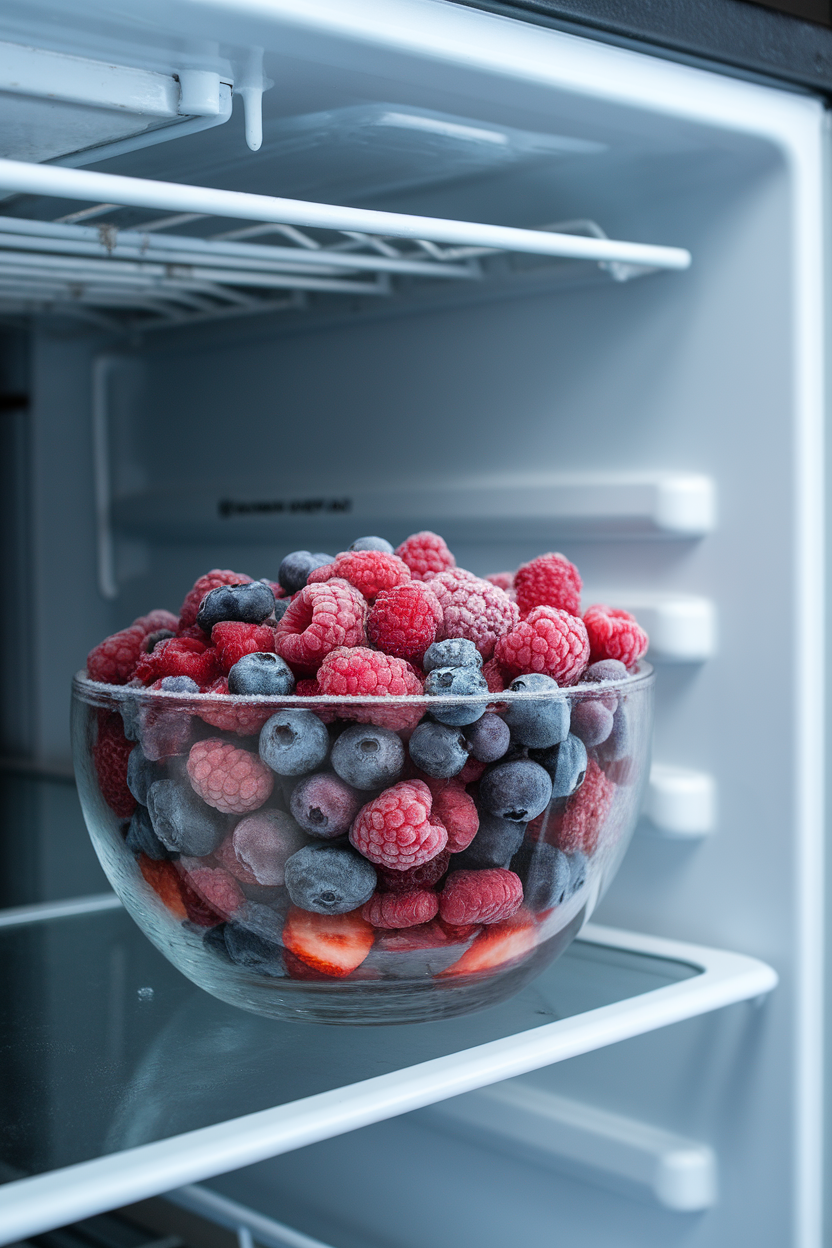An indoor freezer door opened to reveal a clear glass bowl of frozen berries set on the shelf, visible frost on the fruit, no text or logos.