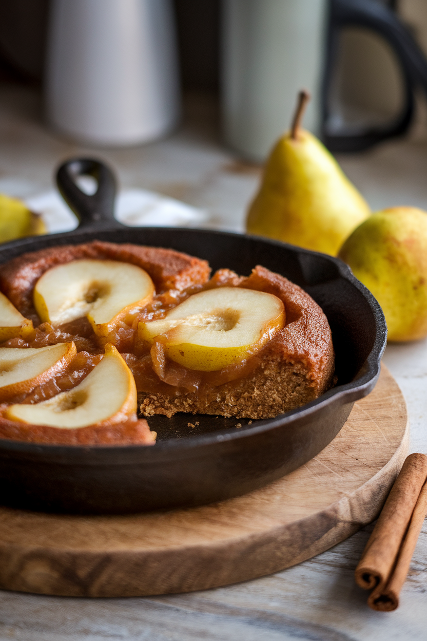An indoor rustic skillet scene with a slice of upside-down cake displaying caramelized pear fans on top. No text or logos. Photo, not illustration.