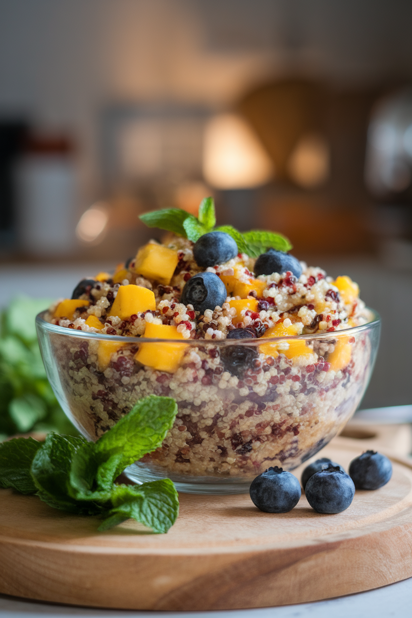 An indoor bowl filled with tri-color quinoa mixed with diced mango, blueberries, and mint leaves under soft kitchen lighting; no text or logos.