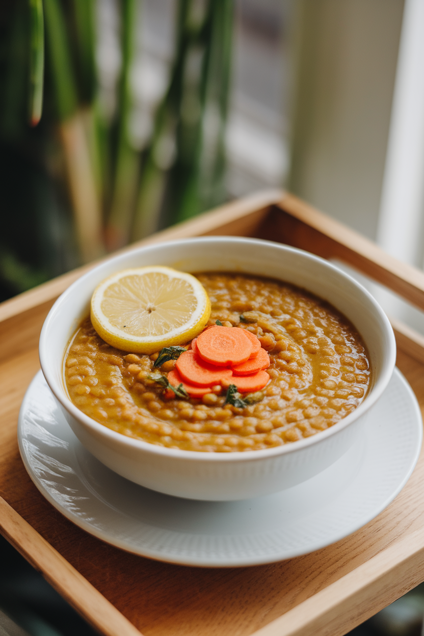 Indoor photo of light yellow lentil soup with carrot coins and lemon slice garnish, no text or logos.