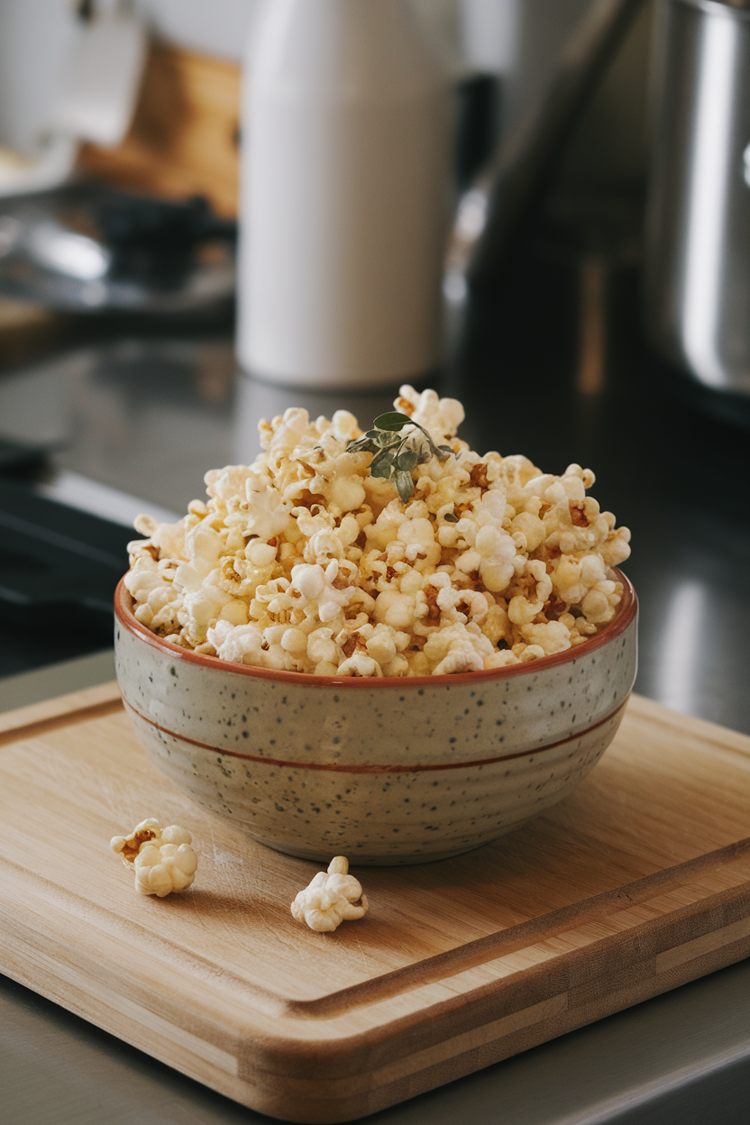 A ceramic bowl filled with freshly popped popcorn seasoned with herbs, sitting on a kitchen counter indoors, no text or logos.