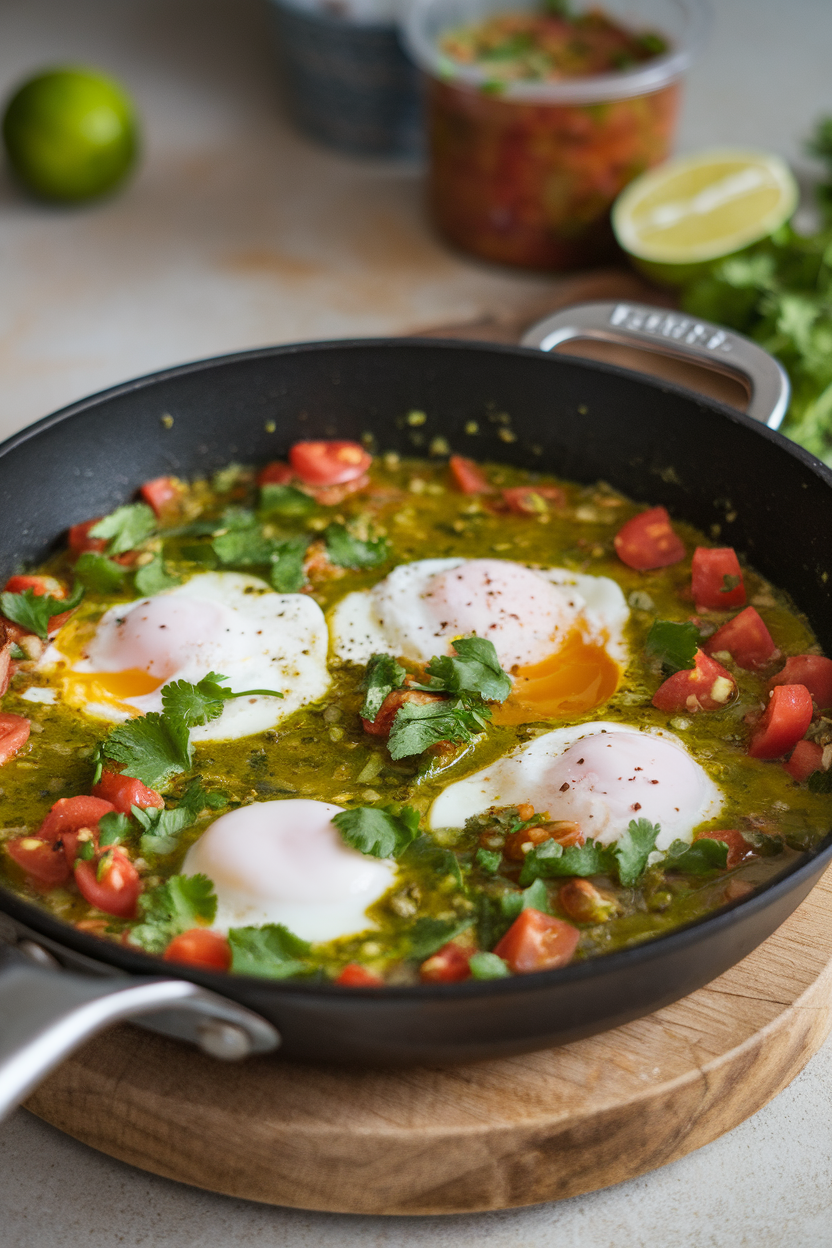 Skillet indoors with poached eggs simmering in green salsa, garnished with cilantro, no text or logos