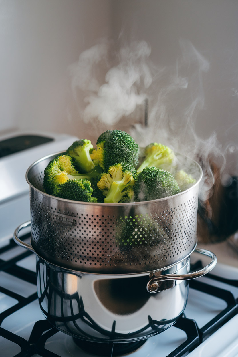 An indoor steamer basket on a stove holding bright green steamed broccoli florets releasing gentle steam, no text or logos on cookware.