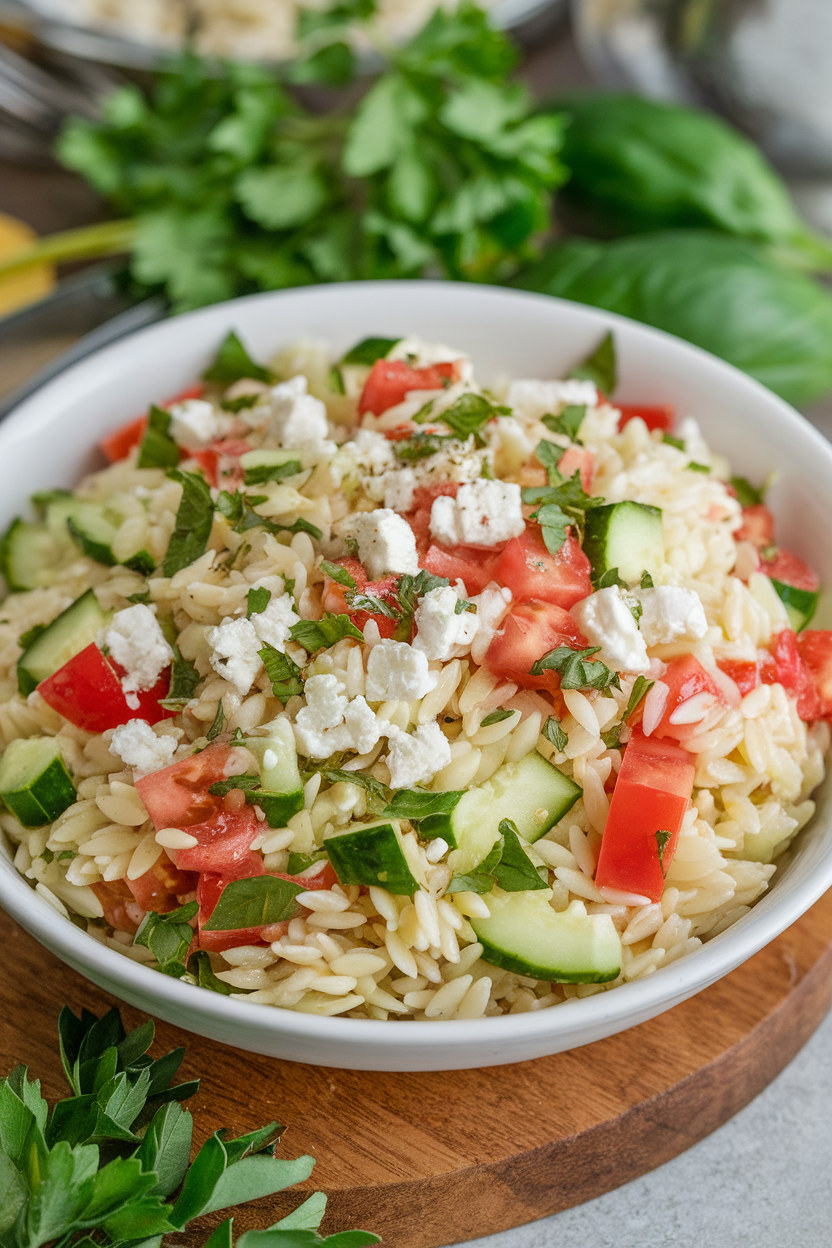 Indoor photo of a chilled orzo salad with diced cucumber, tomato, and crumbled feta in a white bowl; no text or logos.