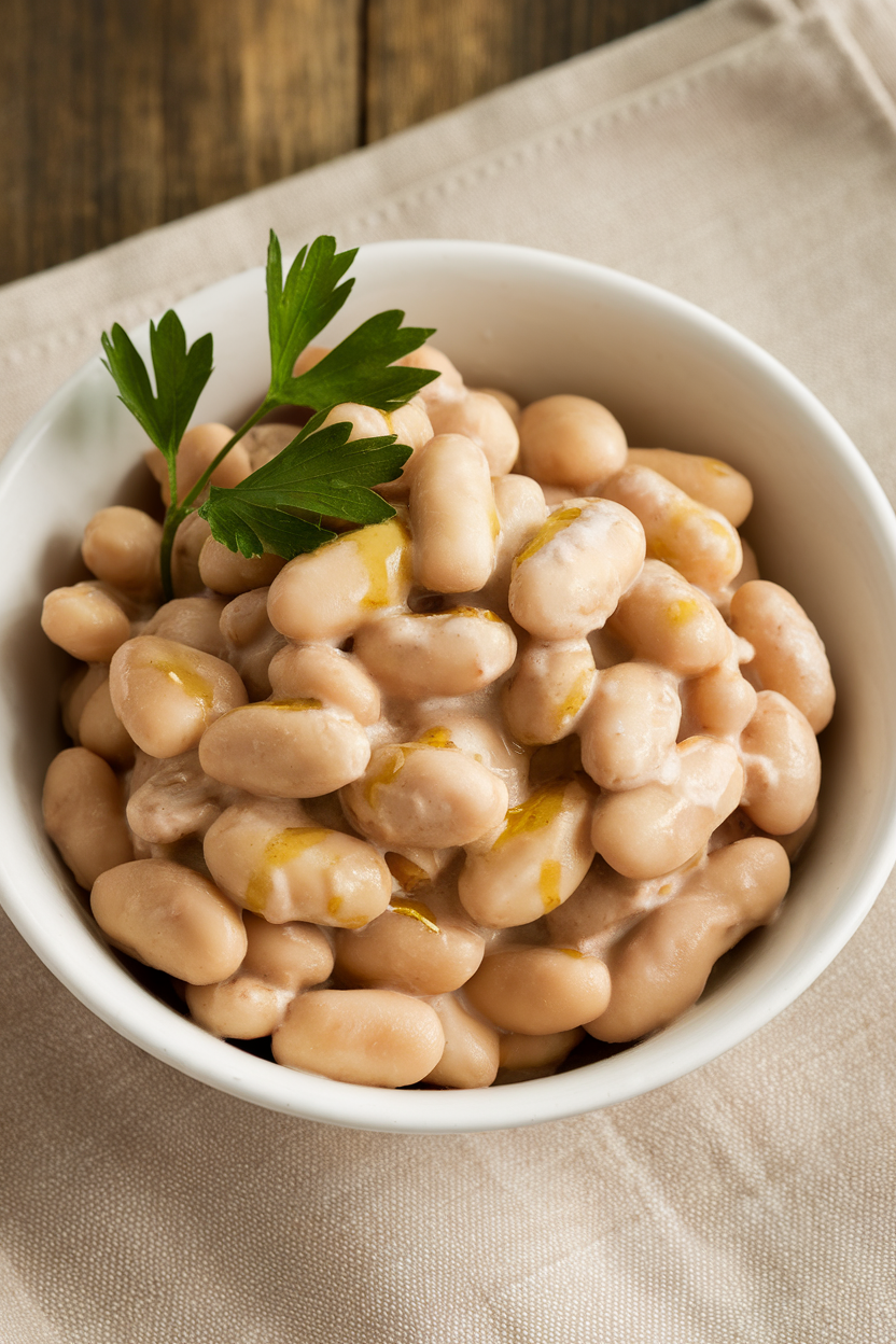 An indoor table shot of a white bowl filled with creamy cooked cannellini beans drizzled with olive oil, parsley garnish optional; no text or logos, photo.