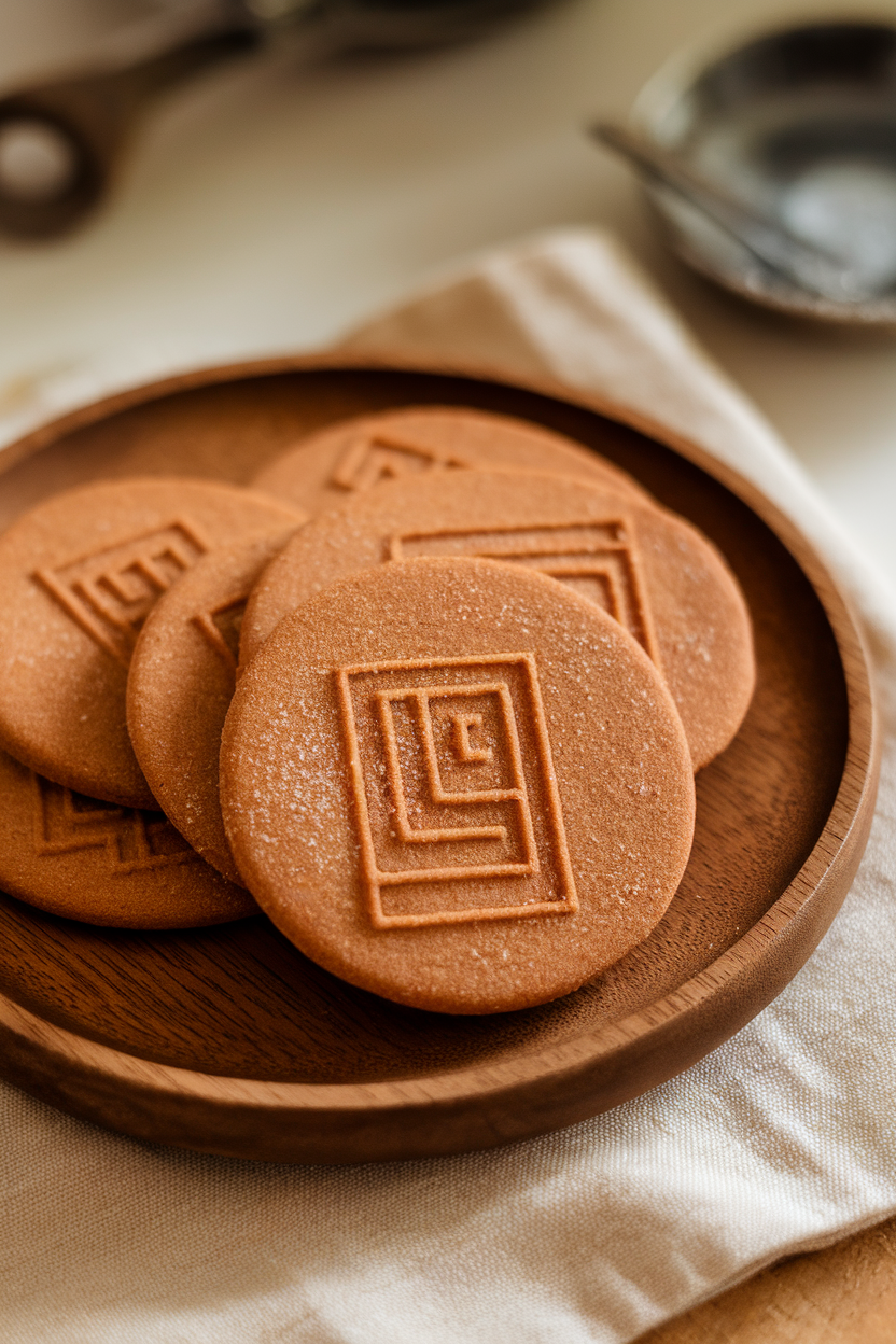 Wooden plate indoors featuring thin, brown speculaas cookies embossed with simple geometric designs, light dusting of sugar. No text or logos.